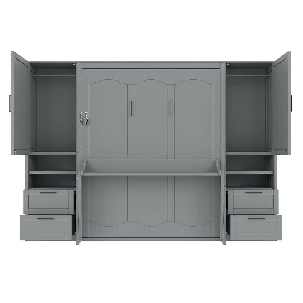 Gray Wood Frame Queen Size Murphy Bed with Closet, Drawers and Shelves - thumbnail 2