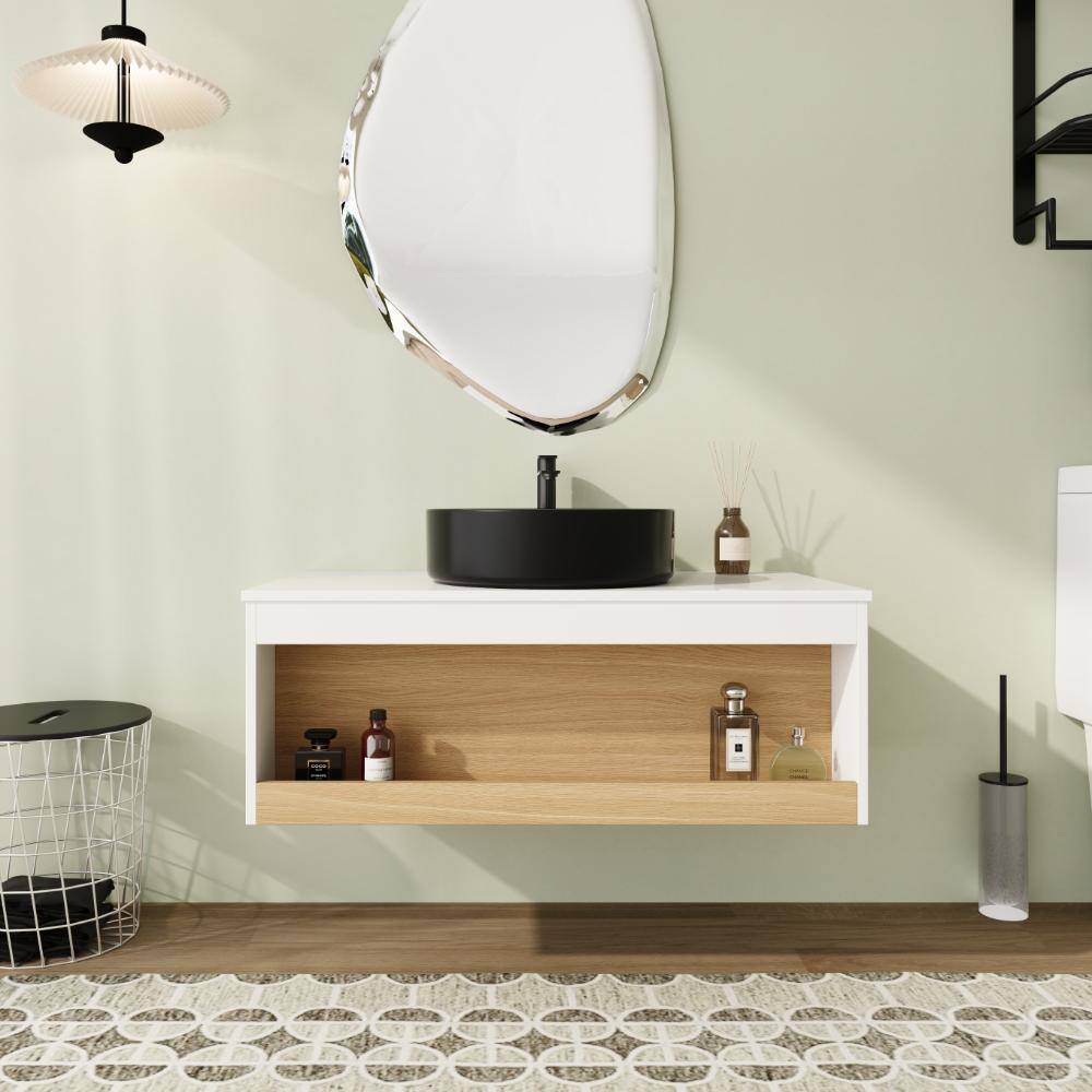 36 in. Wall-Mounted Single Light Oak Bath Vanity with Black Ceramic Top Unassembled price history on PriceWatchPro
