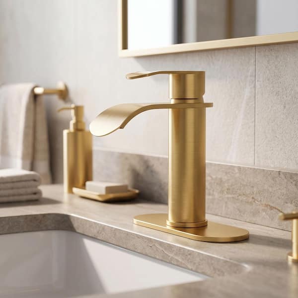 Simple Waterfall Method AFINION Single Handle Single Hole Bathroom Faucet with Deckplate and ...