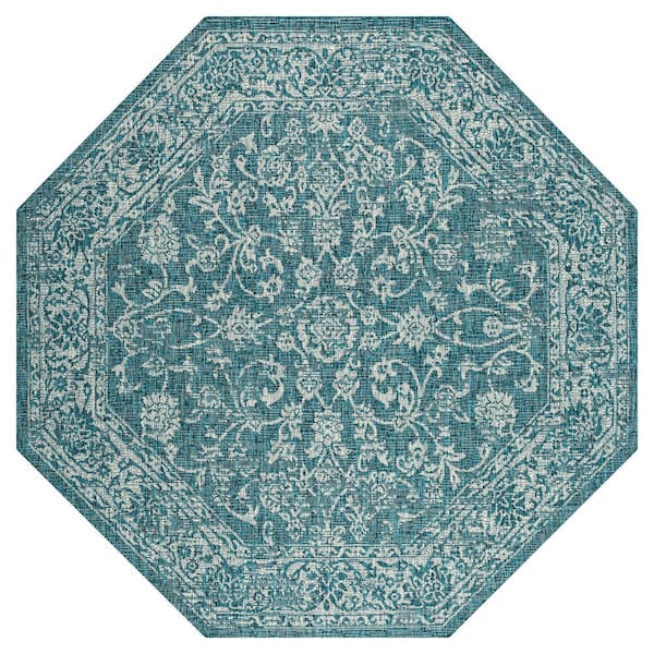 Tela Bohemian Textured Weave Floral Teal/Gray 5 ft. Octagon Indoor/Outdoor Area Rug