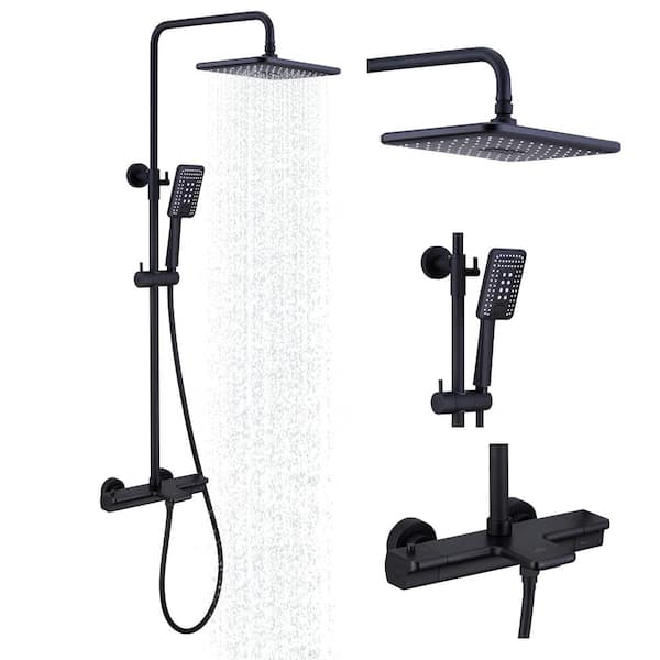 5-Spray Patterns 11.4 x 7.5 in. Thermostatic Tub Wall Mount Dual Shower Heads Shower Faucet in Matte Black