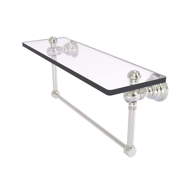 Carolina Collection 16 in. W x 7 in. H x 5.54 Glass Rectangular Shelf in Satin Nickel with Integrated Towel Bar