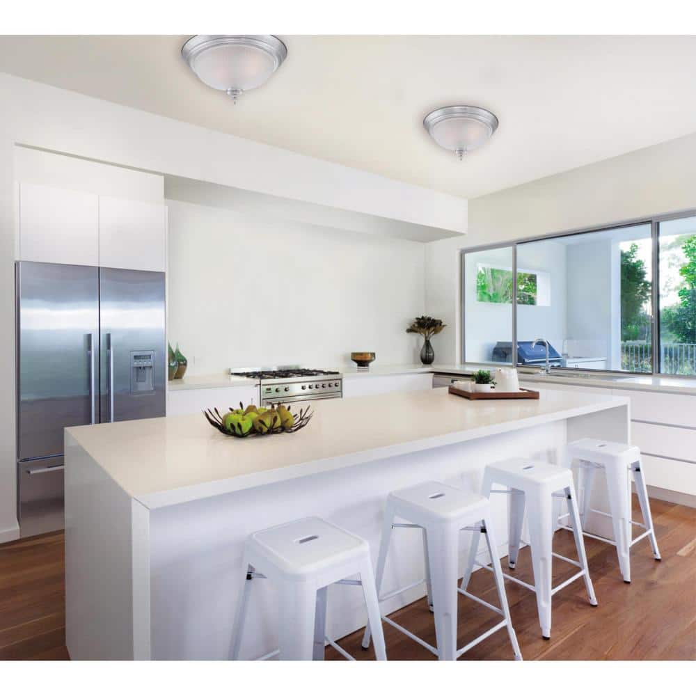 Brushed Nickel 2-Light Flush Mount Ceiling Fixture with Frosted Glass