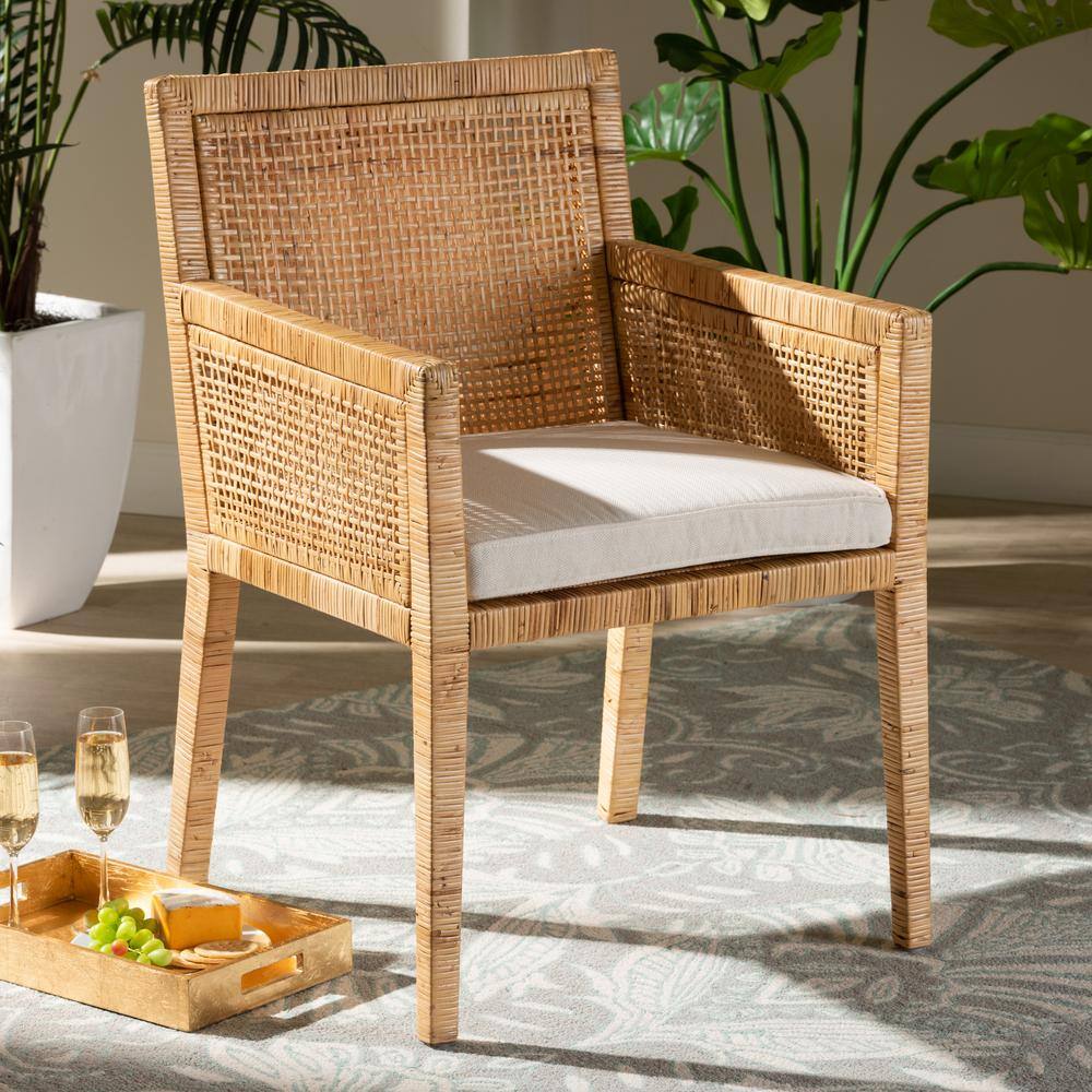 Natural Rattan and Cane Armchair with White Cushion