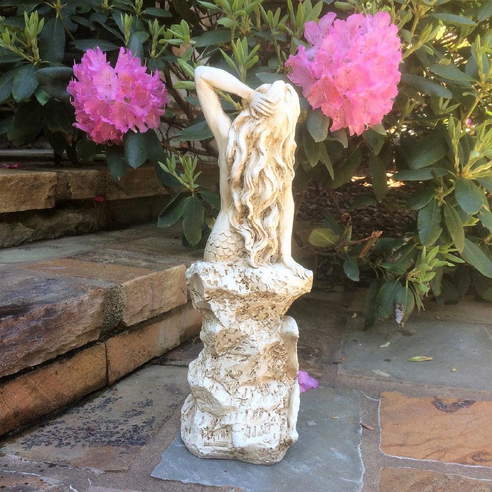 Antique White Mermaid Sitting on Coastal Rock Statue