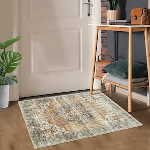 Taupe 2 ft. x 3 ft. Washable Distressed Floral Vintage Persian Area Rug