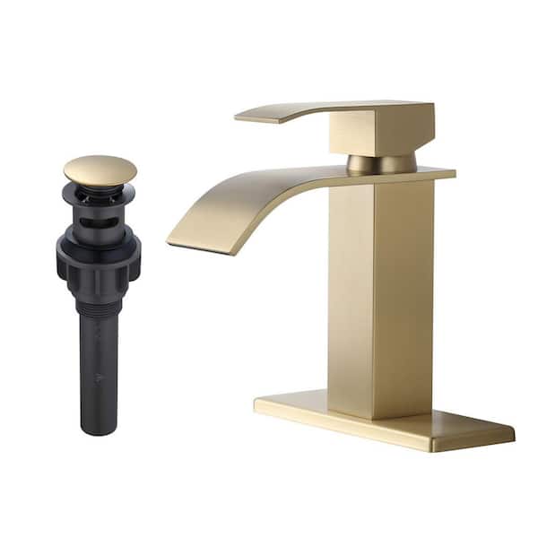 Modern Single Handle Bathroom Sink Faucet, Single Hole Basin Faucet with Deckplate and Supply Lines in Brushed Gold