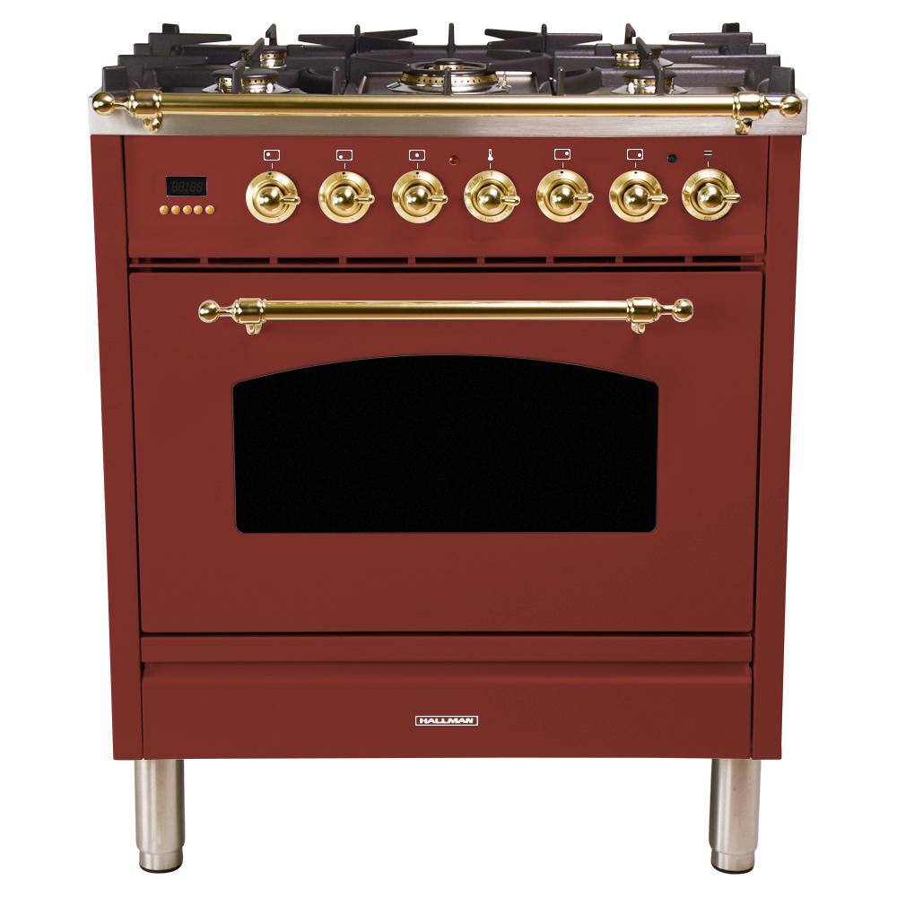 Hallman 30 in. 3.0 cu. ft. Single Oven Dual Fuel Italian Range with True Convection, 5 Burners, Brass Trim in Burgundy, Red