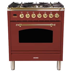 30 in. 3.0 cu. ft. Single Oven Dual Fuel Italian Range with True Convection, 5 Burners, Brass Trim in Burgundy
