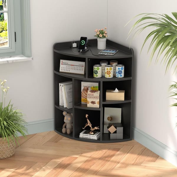 Black Corner Cabinet with Charging Station, 3-Tier Cube Storage, USB Ports and Outlets, Triangle Bookcase with 8 Cubbies