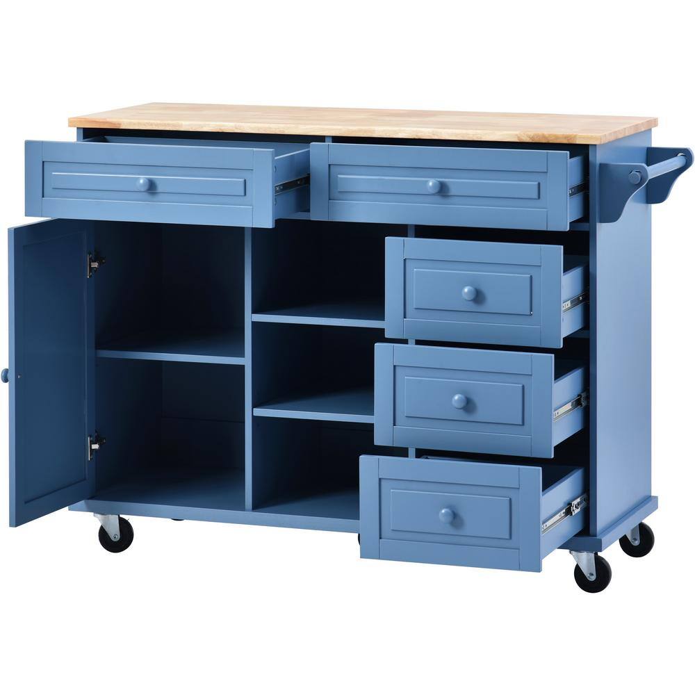 Blue Wood 53" Rolling Kitchen Cart with Spice Rack and Storage