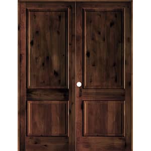 72 in. x 96 in. Rustic Knotty Alder 2-Panel Square Top Right-Handed Red Mahogany Stain Wood Double Prehung Interior Door