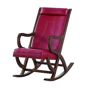 Brown Wooden Outdoor/Indoor Rocking Chair with Red Cushion Looped Arms