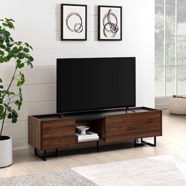 Walker Edison Furniture Company 63 in. Dark Walnut Wood Modern tv Stand with 2 Doors Fits tvs up to 65 in. with Metal T-Legs