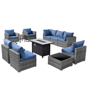 Sanibel Gray 11-Piece Wicker Patio Conversation Fire Pit Sectional Sofa Set with Swivel Chairs and Denim Blue Cushions