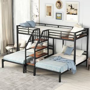 Black Metal Triple Bunk Bed Frame for 3, Twin over Twin&Twin Size Bunk Bed with Storage Shelves Staircase for Kids/Teens
