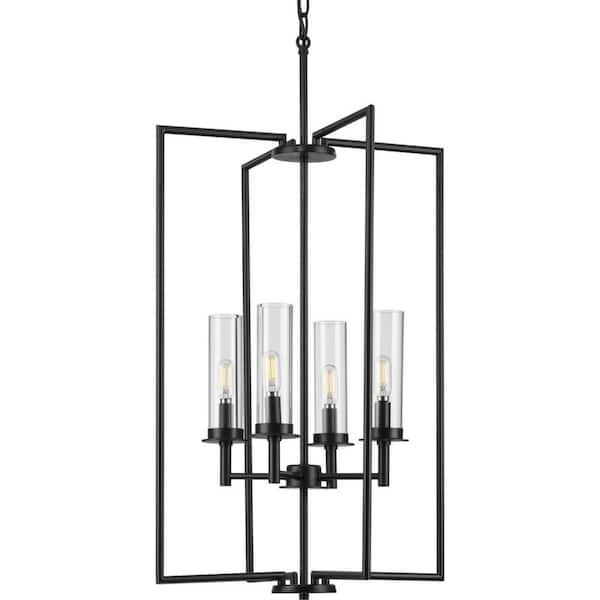 Progress Lighting Kellwyn 4-Light Matte Black Clear Glass Transitional Foyer Chandelier Light