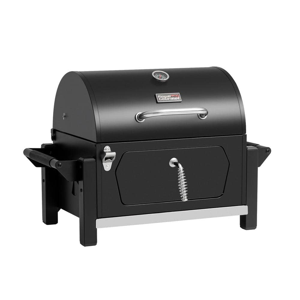 Compact Black Steel Portable Charcoal Grill with Warming Rack