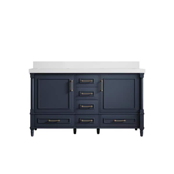 Willow Collections Hudson 60 in. W x 22 in. D x 36 in. H Double Sink Bath Vanity in Navy Blue with 2 in. White Quartz Top