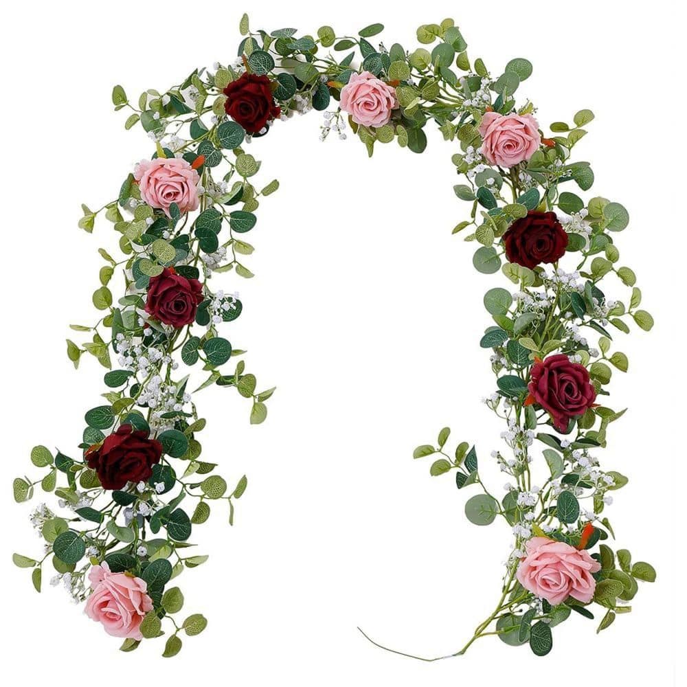 2-Piece 5.91 ft. Artificial Eucalyptus Garland with Flowers, Fake Rose Garl