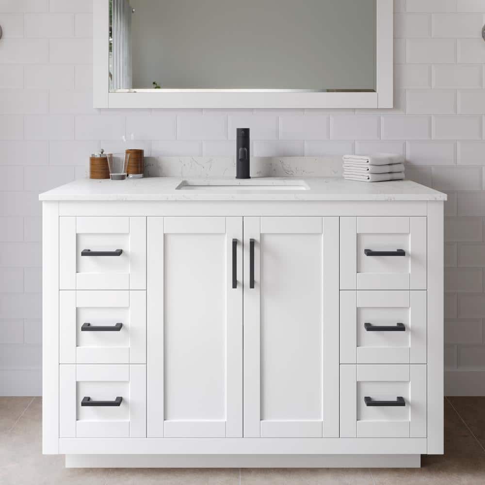 Miranda 48" White Vanity with Carrara Marble Top and Black Hardware