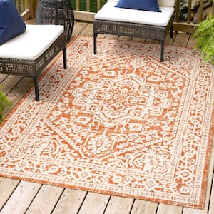 Sinjuri Medallion Textured Weave Orange/Cream 5 ft. x 8 ft. Indoor/Outdoor Area Rug