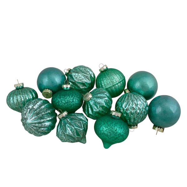 Green Finial and Glass Ball Christmas Ornaments Set of 12