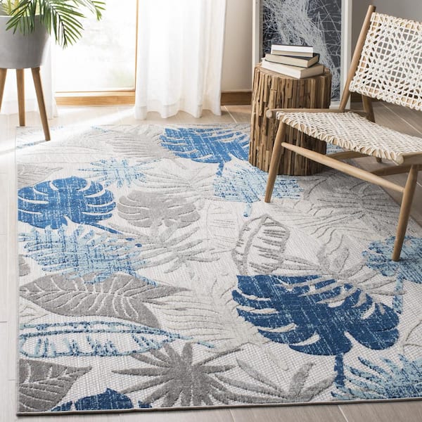 Cabana Gray/Blue 4 ft. x 6 ft. Geometric Leaf Indoor/Outdoor Patio  Area Rug