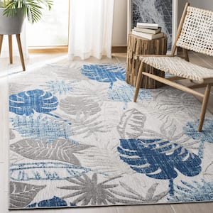 Cabana Gray/Blue 4 ft. x 4 ft. Geometric Leaf Indoor/Outdoor Patio  Square Area Rug