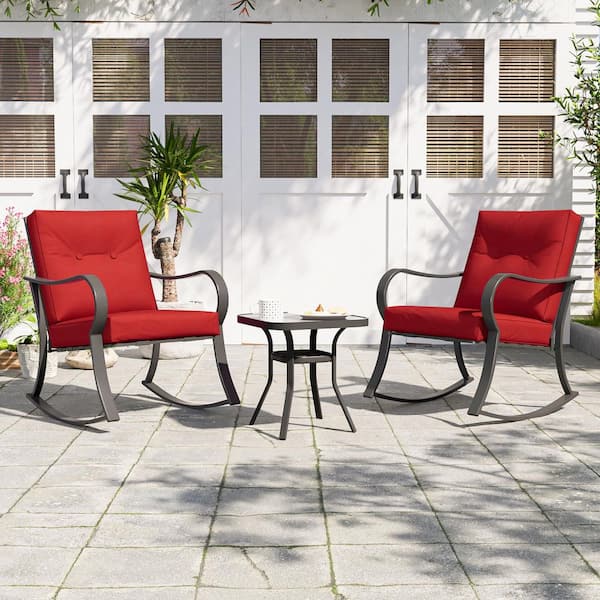 Patio Furniture Set, 3-Piece Metal Garden Rocking Chair, Bistro Set With Thick Cushions Tempered Glass Table, Red