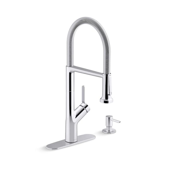 Kohler Setra Single Handle Semi Professional Kitchen Sink Faucet With Soap Dispenser In Polished Chrome K R29343 Sd Cp The Home Depot