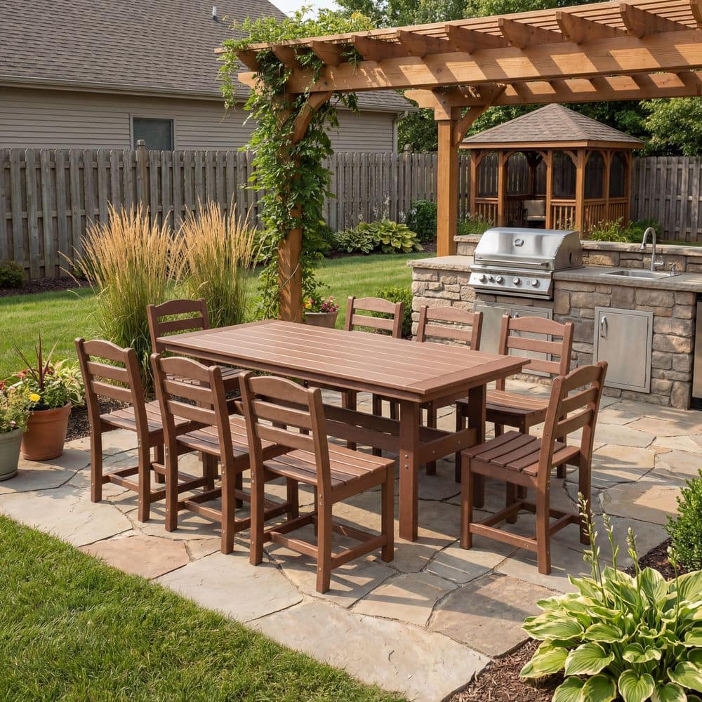 Brown 9-Piece Durable HDPE Rectangular Patio Outdoor Dining Set with 8 Armless Chairs and Table with Umbrella Hole price history on PriceWatchPro