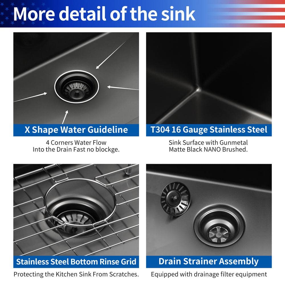 32'' Gunmetal Black Stainless Steel Undermount Kitchen Sink