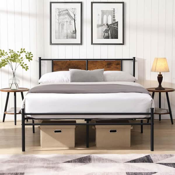 Black Metal Frame Queen Size Platform Bed with Wood Headboard Panel Decoration