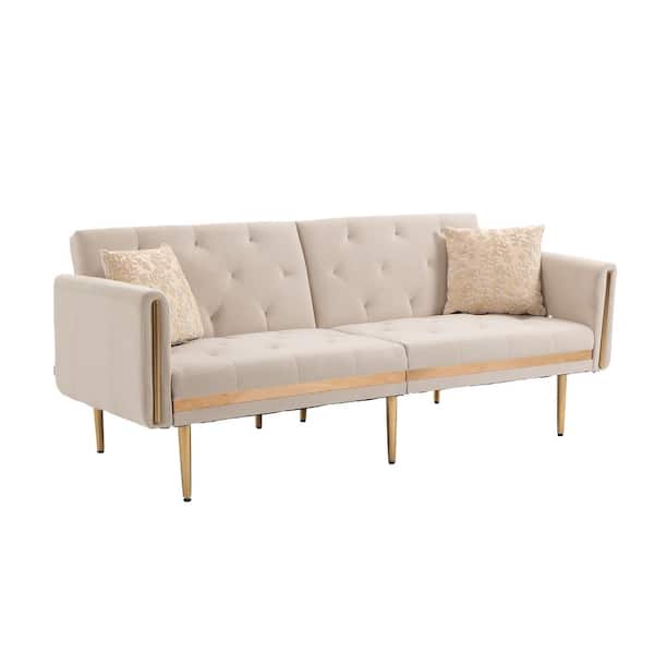 Donason 73.23 in. W Square Arm Velvet Straight Reclining Sofa in Beige