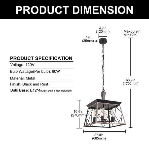 Briignite 4-Light Vintage Black and Rust Chandelier Pendant for