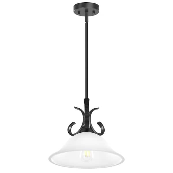 TRIBESIGNS WAY TO ORIGIN Crystal 1-Light Black Single Island Pendant Light with Bell Opal Glass Shade, Mini Ceiling Hanging Light Fixture