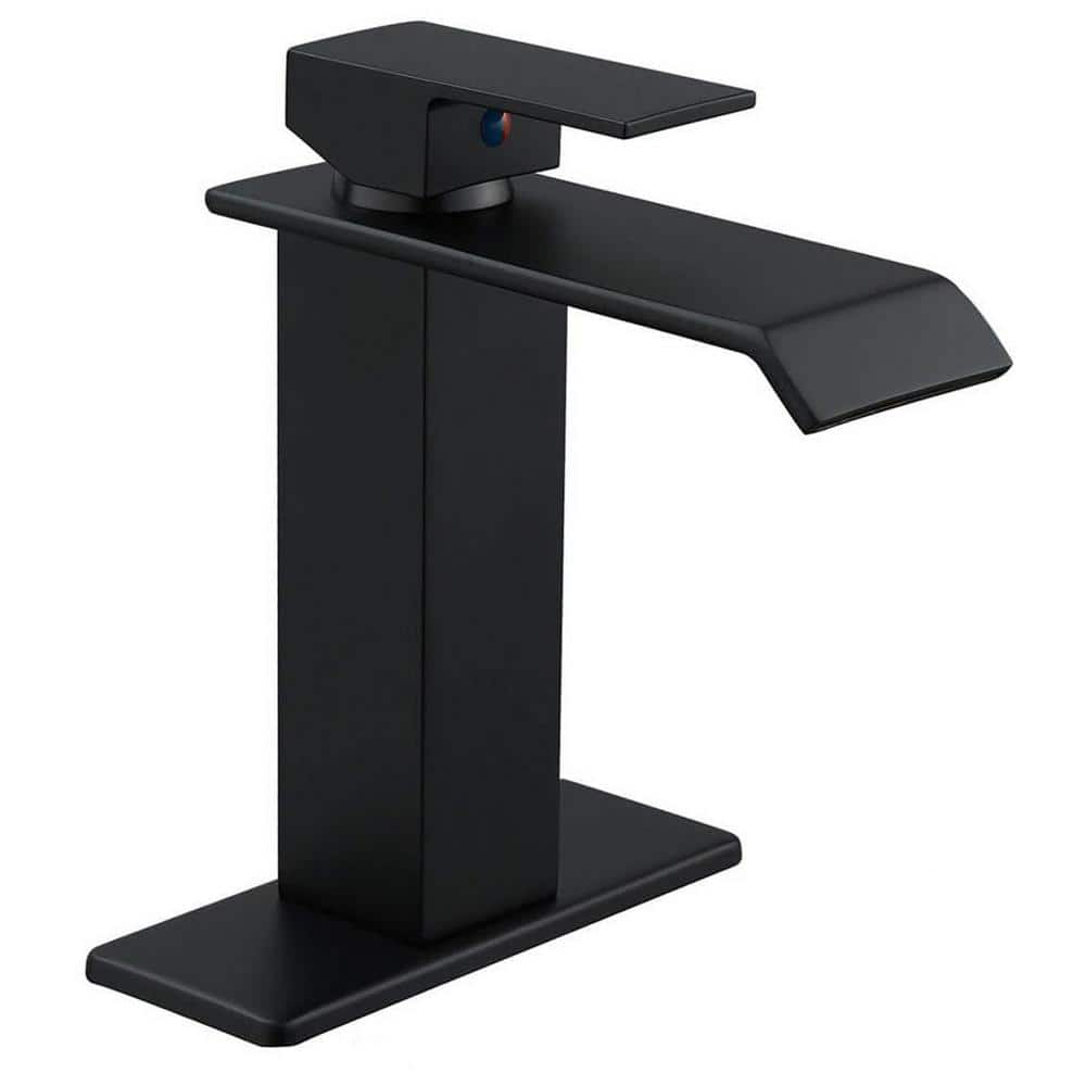 Waterfall Single Hole Single-Handle Low-Arc Bathroom Faucet With Supply Line in Matte Black -  BWE, A-96004-B-0