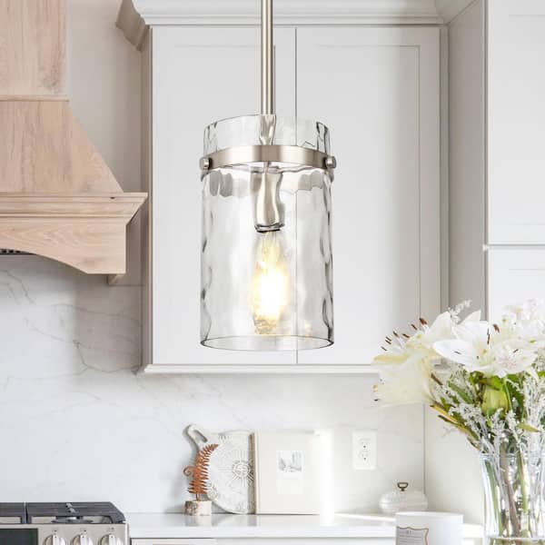 Henveton Jasslynn 60W Brushed Nickel Modern Adjustable Pendant Light Fixture with Cylinder Glass Shade-Kitchen,Dining Room Foyer