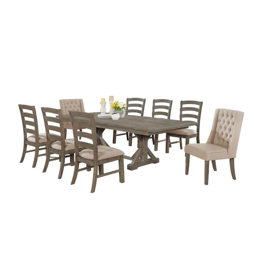 Rustic 9-Piece Beige Linen and Wood Dining Set