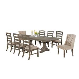 Linda 9-Piece Rectangular Rustic Grey Wood Top Table Set with 6-Wood Back, 2-Beige Linen Fabric Chair with Tufted Button