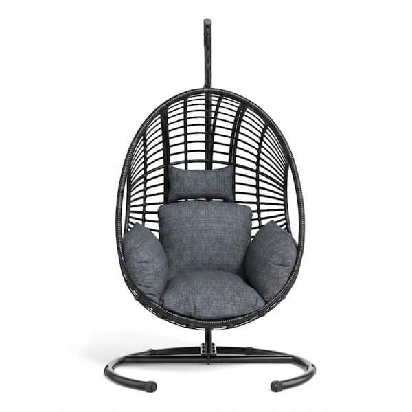 42 in. Wide U-Base Hanging Egg Chair, Black Patio Swing with 8-inch Cushion