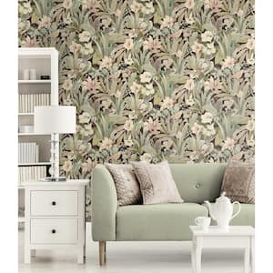 30.75 sq. ft. Sage and Ash Brown Blossoming Birds Vinyl Peel and Stick Wallpaper Roll