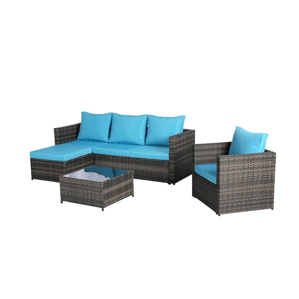 Tenleaf 3-Piece Wicker Patio Conversation Set with Light Blue Cushions, Detachable Lounger and Coffee Table