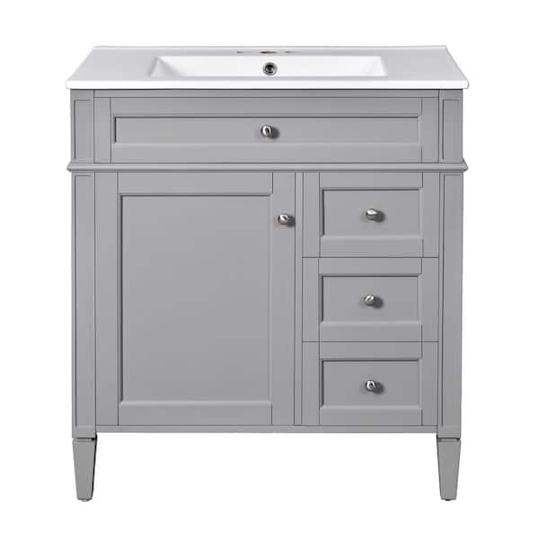 Virubi 30 in. W Single Sink Bath Vanity in Gray with White Ceramic Top, Tip-out Drawer, Adjustable Shelf