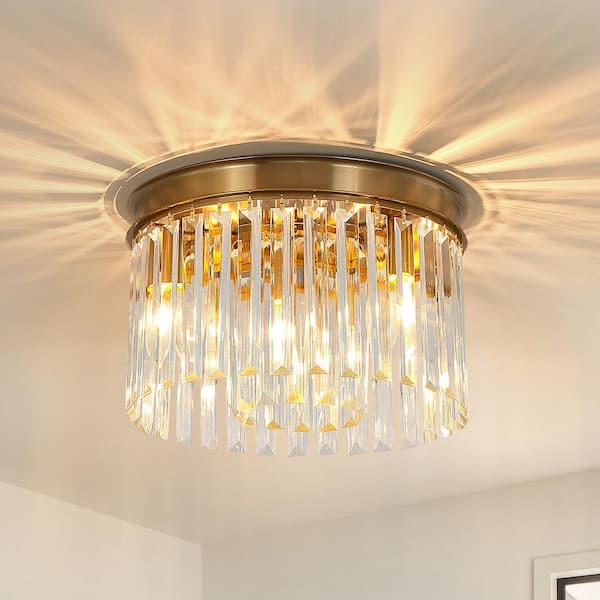 pasentel 12 in. 3-Light Modern Gold Round Flush Mount Ceiling Light with 2 Tiers Clear Crystal Shades