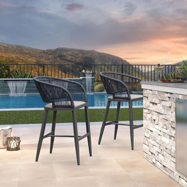 Aluminum Frame Rattan Bar Height Outdoor Bar Stool with Embedded Gray Cushions and Hollowed Back (2-Pack)