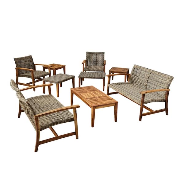 Hampton Natural 9-Piece Wood and Faux Rattan Outdoor Patio Conversation Set