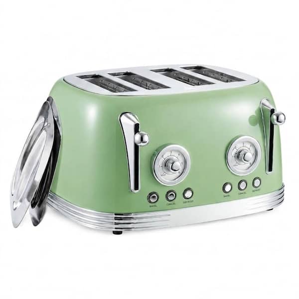 4 Slice Retro Green Toaster with Stainless Steel Lid and 6 Browning Levels for Bagels and Thick Bread