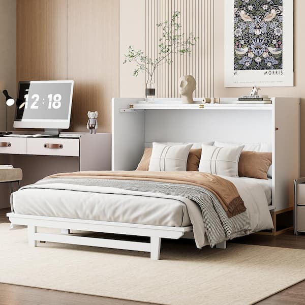 Harper & Bright Designs White Wood Frame Queen Size Murphy Bed, Wall Bed Folded into a Cabinet